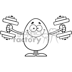 10933 Royalty Free RF Clipart Black And White Smiling Egg Cartoon Mascot Character Working Out With Dumbbells Vector Illustration