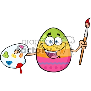 10977 Royalty Free RF Clipart Happy Colored Easter Egg Cartoon Mascot Character Holding A Paintbrush And Palette Vector Illustration
