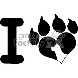 10712 Royalty Free RF Clipart I Love With Black Heart Paw Print With Claws And Dog Head Silhouette Logo Design Vector Illustration