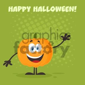 Happy Orange Pumpkin Vegetables Cartoon Emoji Character Waving For Greeting Vector Illustration Flat Design Style With Background And Text Happy Halloween