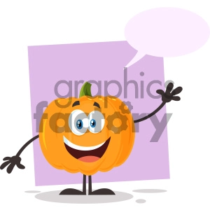 Happy Orange Pumpkin Vegetables Cartoon Emoji Character Waving For Greeting Vector Illustration Flat Design Style Isolated On White Background With Speech Bubble