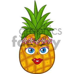 Pineapple Fruit Cartoon Mascot Character Woman Face With Hawaiian Flower Lei Garland Wreath
