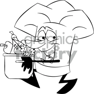 black and white cartoon chef with pot full of vegetables