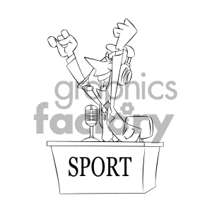 black and white cartoon sports announcer reporter