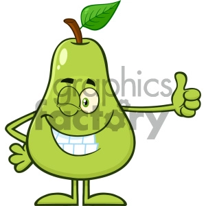 Royalty Free RF Clipart Illustration Winking Green Pear Fruit With Leaf Cartoon Mascot Character Giving A Thumb Up Vector Illustration Isolated On White Background