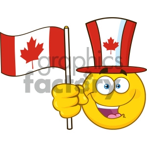 Patriotic Yellow Cartoon Emoji Face Character Wearing A Maple Leaf Top Hat Waving An Canadian Flag