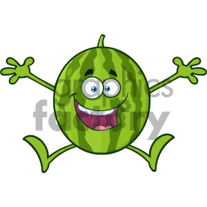 Royalty Free RF Clipart Illustration Happy Green Watermelon Fruit Cartoon Mascot Character Jumping Vector Illustration Isolated On White Background