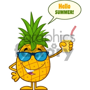 Pineapple Fruit With Green Leafs And Sunglasses Cartoon Mascot Character Holding Up A Glass Of Juice With Speech Bubble And Text Hello Summer