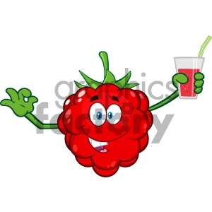Royalty Free RF Clipart Illustration Raspberry Fruit Cartoon Mascot Character Holding Up A Glass Of Juice And Gesturing Ok Vector Illustration Isolated On White Background