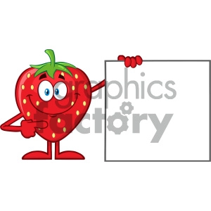 Royalty Free RF Clipart Illustration Smiling Strawberry Fruit Cartoon Mascot Character Pointing To A Blank Sign Vector Illustration Isolated On White Background
