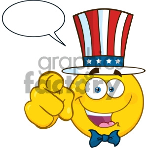 Happy Patriotic Yellow Cartoon Emoji Face Character Wearing A USA Hat And Pointing With Speech Bubble