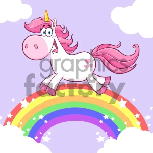 Clipart Illustration Cute Magic Unicorn Cartoon Mascot Character Running Around Rainbow With Clouds Vector Illustration With Background