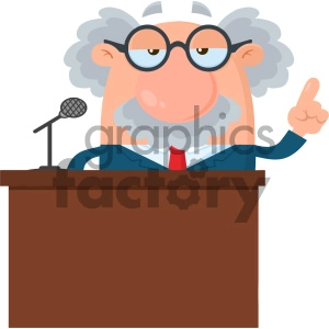 Professor Or Scientist Cartoon Character Speaking Behind a Podium With Speech Bubble Vector Illustration Flat Design Isolated On White Background