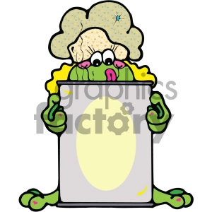 The clipart image depicts a cartoon frog with a green body and pink cheeks. The frog is sitting down and peeking over the top edge of a blank sign or a frame, which has a yellow border and a grey background with a light yellow oval shape in the center. The sign is being held up by the frog's hands, indicating it is intended for customization with text or other content. The frog has large, expressive eyes, and there's a cute, small blue star above its head, incorporated into the background.