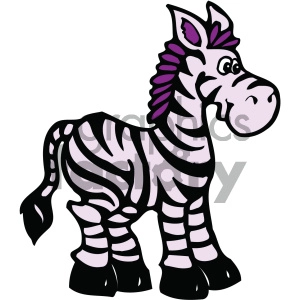 The clipart image shows a stylized cartoon representation of a zebra. It features distinct black and white stripes typical of a zebra, with additional purple accents on the mane, tail, and ears, giving it a whimsical appearance. 