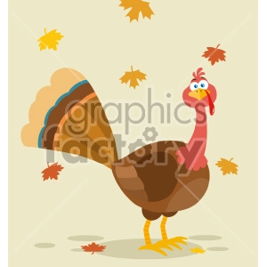 Thanksgiving Turkey Bird Cartoon Mascot Character Vector Illustration Flat Design With Background And Autumn Leaves