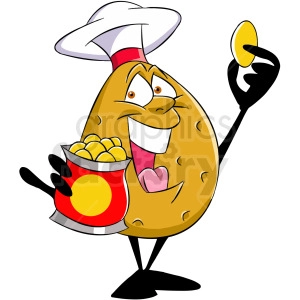The clipart image depicts a cartoon character of a potato holding and eating a potato chip with its mouth.
