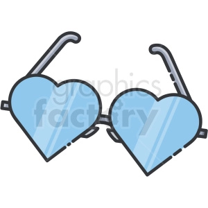 The clipart image shows a pair of sunglasses with heart-shaped lenses. The frame and the arms of the glasses appear to be black, while the lenses are shaded in a light blue, indicating a reflective surface typically found on sunglasses.