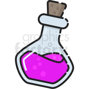 The clipart image shows a potion bottle commonly associated with Halloween, magic, and fantasy themes. The bottle is made of glass with a cork stopper and has a label with an unknown potion name written in black. It may be used to represent alchemy, witchcraft, or mysterious elixirs.
