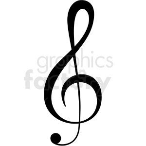 The clipart image shows a black and white vector illustration of a treble clef, which is a musical notation symbol used to indicate the pitch of written notes in sheet music.
