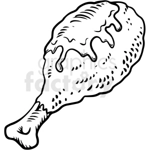 The clipart image depicts a black and white drawing of a chicken leg, which is a cut of meat from the thigh of a chicken. The image shows the bone and the meat attached to it, with some shading to create depth and texture.
