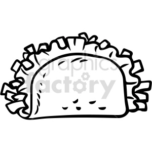 The clipart image shows a black and white illustration of a taco, a traditional Mexican dish made with a corn or wheat tortilla filled with various ingredients such as meat, beans, vegetables, and cheese.
