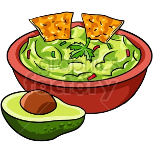 The clipart image shows a bowl of guacamole, a popular Mexican dip made primarily from mashed avocado, along with diced tomatoes, onions, and other seasonings. The green mixture is shown inside a round bowl with a beige rim, and there are tortilla chips placed around it, suggesting it is being served as a snack or appetizer. 