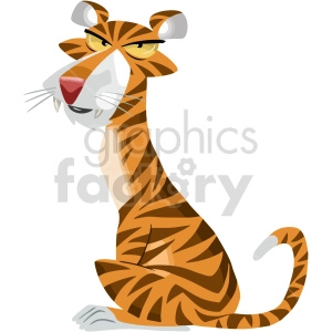 The image shows a stylized and cartoonish depiction of a tiger. It features a tiger with a prominent striped pattern, sitting upright with its tail curled around. The tiger has a slightly exaggerated expression with large eyes and a pronounced facial structure.