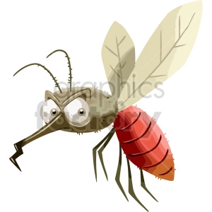 The clipart image shows a cartoon depiction of a mosquito, which is an insect that feeds on the blood of humans and animals. The mosquito is shown with a long bent proboscis, thin body, two wings, six legs, and a pointed proboscis, which it uses to extract blood. The image is intended to be humorous and playful in style, as indicated by the bent proboscis, use of bright colors and exaggerated features such as the size of the mosquito's eyes and the length of its legs.

