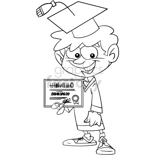 The clipart image shows a cartoon kid wearing a graduation cap and gown, holding a diploma in one hand. This represents a student who has successfully completed their schooling or education. It's line art with clean lines