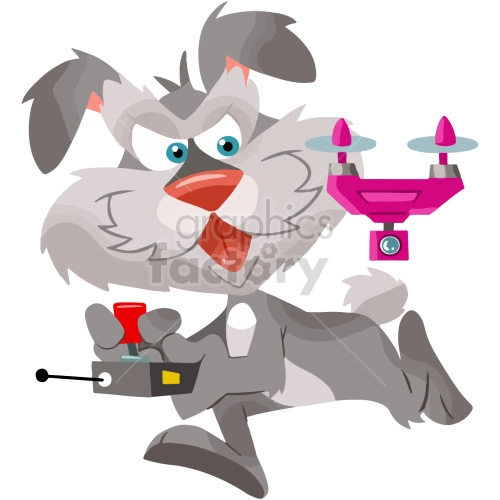 The clipart image shows a cartoon dog operating a drone. The dog is standing on its hind legs and holding a remote control while the drone, which has a camera attached, hovers in front of it.

