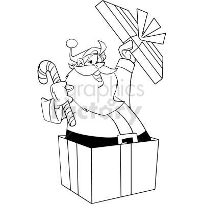 black white cartoon santa busting out of gift vector clipart