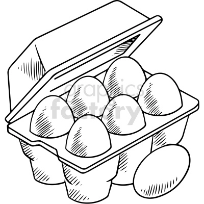 The clipart image depicts a black and white illustration of an egg carton, commonly used to store and transport eggs. The image is meant to represent the concept of food related to eggs, specifically the packaging and distribution of eggs.
