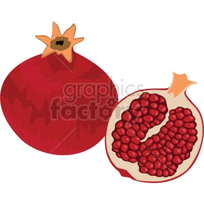The clipart image shows a pomegranate, which is a fruit with a hard outer shell that is typically red or pink in color. Inside the pomegranate are many small, juicy seeds known as arils. The image is a vector graphic, meaning it is made up of shapes and lines rather than pixels, and can be resized without losing quality.
