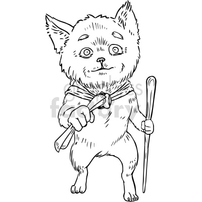 The clipart image depicts a black and white puppy wearing an scarf and holding a stick in its hand. The puppy is shown in a standing position and appears to be looking ahead with curiosity or excitement.
