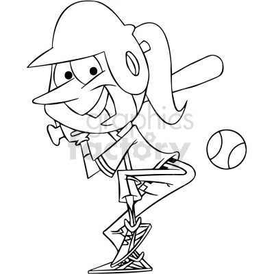 black and white cartoon female baseball player