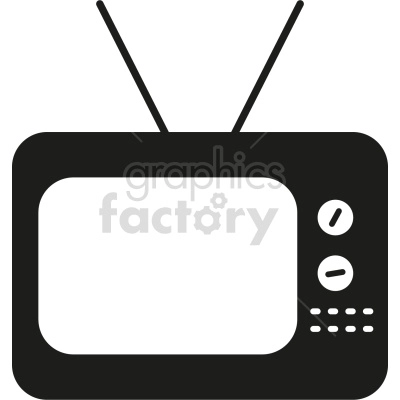 The clipart image depicts a vintage television set. The TV has a box shape with rounded corners and a circular screen in the center. It also features two knobs on the bottom panel and an antenna on the top.
