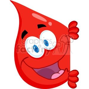 The image shows a cartoon representation of a red blood drop with a smiling face, googly eyes, and a thumb up gesture. The character appears comical and friendly and is often used to promote blood donation or health-related topics with a lighthearted approach.