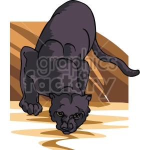 This image shows a black panther crouched on the ground as if it is stalking its prey. 