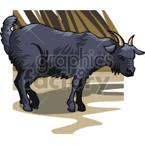 The clipart image shows a stylized illustration of a dark-colored goat. The goat has prominent horns, a beard, and is standing against a backdrop that features abstract shapes resembling the ground and possible vegetation or fence lines.