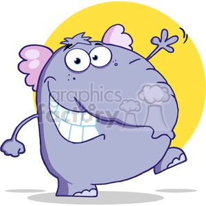 The clipart image features a cartoon-style depiction of a happy elephant dancing. The elephant is illustrated typically in a light-hearted comic style with exaggerated facial features including large, wide eyes and an oversized smile showing teeth. It is drawn with one foot lifted as if caught in mid-dance step, and a small wavy line near the raised foot suggests movement. Additionally, the elephant has a whimsical detail with a small pink flower behind one ear, which adds to the comical and joyous nature of the image. The background consists of a simple yellow circle, possibly representing the sun or a spotlight, highlighting the dancing elephant and giving a sense of cheerfulness to the scene.