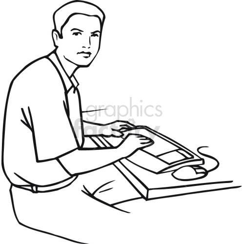 guy sitting at keyboard black white