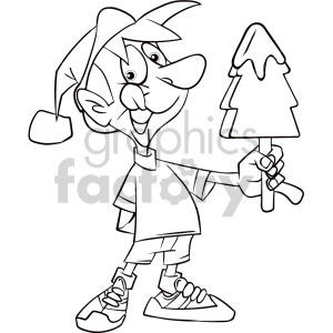 black and white cartoon kid holding christmas tree ice cream coloring page