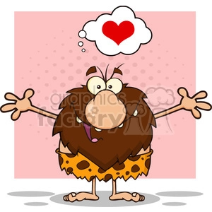 smiling male caveman cartoon mascot character with open arms and a heart vector illustration