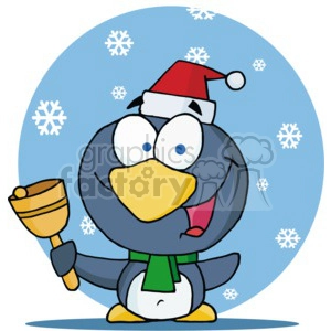 A penguin ringing a christmas bell in a santa hat