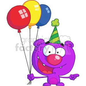 Purple bear wearing a green striped hat holding Three colorful birthday balloons