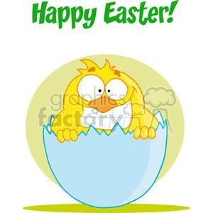 The clipart image depicts a happy little chick. It is a cartoon-style illustration of a cute and funny character commonly associated with Easter themes. The chick appears cheerful and whimsical, typical of characters found in children's illustrations or Easter-related content. It is sitting in a blue-tinted half egg shell 
