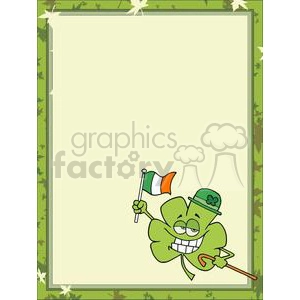 A dancing shamrock in a hat with and irish flag in a frame
