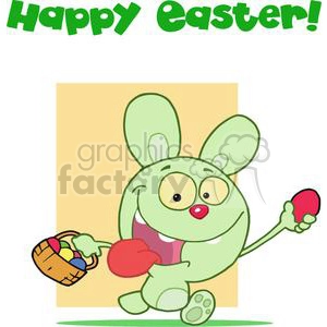 Green Rabbit Running And Holding Up An Red Egg With Happy Easter!
