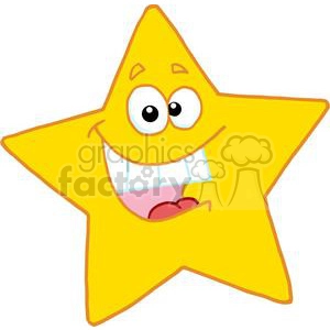 The clipart image shows a bright yellow, cartoon star character with a big smile on its face. The star has two white eyes with black pupils and curved lines for eyebrows, giving it a playful and happy expression. This image can be used to represent happiness, joy, or playfulness in various design projects.
